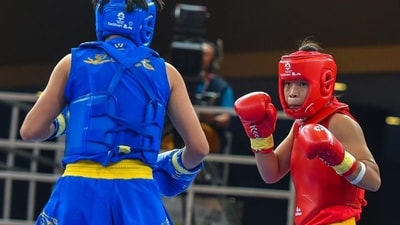 File photo of India's Naorem Roshibina Devi (in red) (PTI)