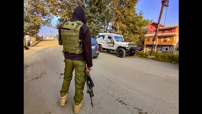 A security personnel stands guard during Jammu and Kashmir SIA's raids as part of its investigations in a terror case, in Anantnag district on Wednesday. (PTI)