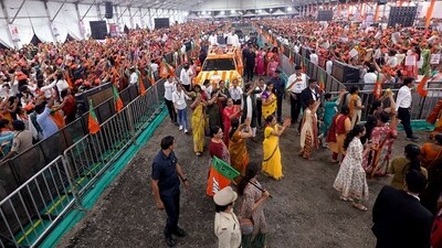 On Tuesday, PM Modi was welcomed by BJP supporters during the Nari Shakti Vandan - Abhinandan Karyakram in Ahmedabad. Gujarat Chief Minister Bhupendra Patel, Gujarat BJP President C.R. Paatil also present.&nbsp; (ANI)