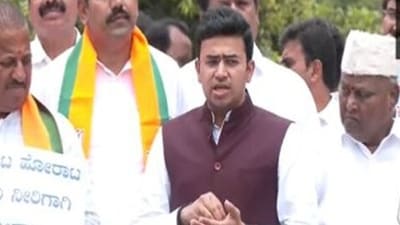 Former CM BS Yediyurappa, MP Tejasvi Surya and others staged a sit-in against the Karnataka government over the Cauvery water-sharing issue near the Gandhi statue in Bengaluru today. (ANI) Former CM BS Yediyurappa, MP Tejasvi Surya and others staged a sit-in against the Karnataka government over the Cauvery water-sharing issue near the Gandhi statue in Bengaluru today. (ANI)