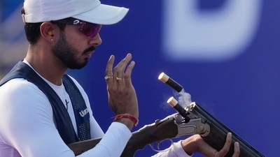India's Narukan Anant Jeet Singh competes during the skeet men's final at the Fuyang Yinhu Sports Center during 19th Asian Games in Hangzhou, China (AP)