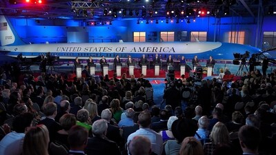 FILE - GOP presidential candidates stand behind their podiums during the CNN Republican presidential debate at the Ronald Reagan Presidential Library and Museum in Simi Valley, Calif., on Sept. 16, 2015. (AP) FILE - GOP presidential candidates stand behind their podiums during the CNN Republican presidential debate at the Ronald Reagan Presidential Library and Museum in Simi Valley, Calif., on Sept. 16, 2015. (AP)