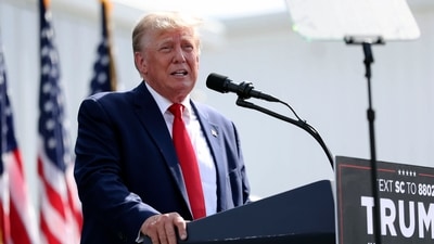 FILE - Former President Donald Trump speaks at a rally in Summerville, S.C., Monday, Sept. 25, 2023. As his Republican rivals gather on stage in California for their second primary debate, former President Donald Trump will be in battleground Michigan Wednesday night working to win over blue collar voters in the midst of an autoworkers’ strike. (AP) FILE - Former President Donald Trump speaks at a rally in Summerville, S.C., Monday, Sept. 25, 2023. As his Republican rivals gather on stage in California for their second primary debate, former President Donald Trump will be in battleground Michigan Wednesday night working to win over blue collar voters in the midst of an autoworkers’ strike. (AP)