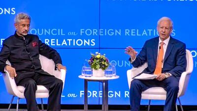 External affairs minister S Jaishankar with Ambassador Kenneth I. Juster at an event of Council for Relations in New York on Sept. 26. (PTI) External affairs minister S Jaishankar with Ambassador Kenneth I. Juster at an event of Council for Relations in New York on Sept. 26. (PTI)