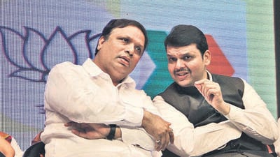 Mumbai, India - July 6, 2016: CM Devendra Fadnavis and Ashish Shelar during the meeting at Shanmukhananda Hall, in Mumbai, India, on Wednesday, July 06, 2016. (Photo by Bhushan Koyande/HT) Mumbai, India - July 6, 2016: CM Devendra Fadnavis and Ashish Shelar during the meeting at Shanmukhananda Hall, in Mumbai, India, on Wednesday, July 06, 2016. (Photo by Bhushan Koyande/HT)