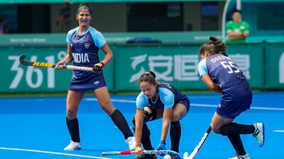 Deepika attempts to score a goal against Singapore through penalty corner during the women's hockey match at the 19th Asian Games in Hangzhou, China (PTI)