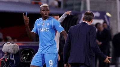 Napoli's Victor Osimhen remonstrates with coach Rudi Garcia after being substituted (REUTERS)