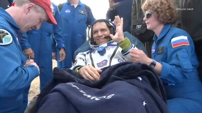 International Space Station (ISS) crew member and NASA astronaut Frank Rubio rests after landing in the Soyuz MS-23 space capsule in a remote area near Zhezkazgan, Kazakhstan on Wednesday. (via REUTERS)
