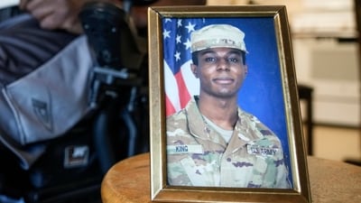 A portrait of American soldier Travis King is displayed. (AP)