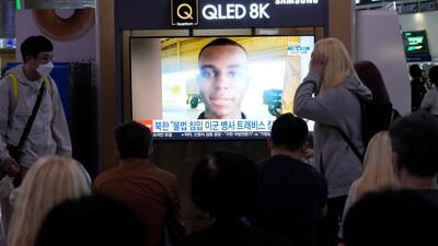 A TV screen shows a file image of American soldier Travis King during a news program at the Seoul Railway Station in Seoul, South Korea. (AP) A TV screen shows a file image of American soldier Travis King during a news program at the Seoul Railway Station in Seoul, South Korea. (AP)