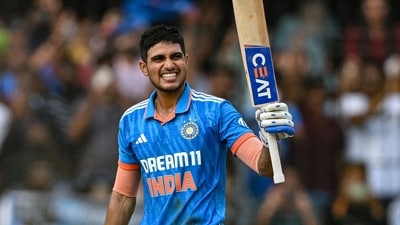 India's Shubman Gill celebrates after scoring a century (100 runs) during the second one-day international (ODI) cricket match between India and Australia at the Holkar Cricket Stadium in Indore (AFP) India's Shubman Gill celebrates after scoring a century (100 runs) during the second one-day international (ODI) cricket match between India and Australia at the Holkar Cricket Stadium in Indore (AFP)