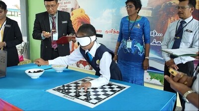 Punithamalar Rajashekar placing pieces on chessboard. (YouTube/GWR KIDS) Punithamalar Rajashekar placing pieces on chessboard. (YouTube/GWR KIDS)
