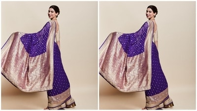 A few days back, Khushi wore a stunning purple saree featuring a gold-dotted pattern all over and a heavy border embellished with intricate floral embroidery. (Instagram/@khushi05k) A few days back, Khushi wore a stunning purple saree featuring a gold-dotted pattern all over and a heavy border embellished with intricate floral embroidery. (Instagram/@khushi05k)