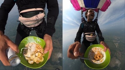 Man making cereal while paragliding and later relishing it. (Instagram/@osmar.8a) Man making cereal while paragliding and later relishing it. (Instagram/@osmar.8a)