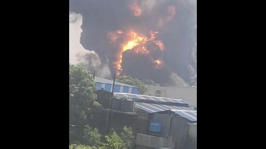 Smoke billowing from the chemical factory in Kurali focal point in Mohali district on Wednesday afternoon. (Video grab)