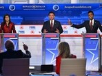 TOPSHOT - (L-R) Former Governor from South Carolina and UN ambassador Nikki Haley, Florida Governor Ron DeSantis, and entrepreneur Vivek Ramaswamy speak during the second Republican presidential primary debate at the Ronald Reagan Presidential Library in Simi Valley, California, on September 27, 2023. (Photo by Robyn BECK / AFP) TOPSHOT - (L-R) Former Governor from South Carolina and UN ambassador Nikki Haley, Florida Governor Ron DeSantis, and entrepreneur Vivek Ramaswamy speak during the second Republican presidential primary debate at the Ronald Reagan Presidential Library in Simi Valley, California, on September 27, 2023. (Photo by Robyn BECK / AFP)