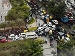 Vehicles stranded in a massive traffic congestion in Outer Ring Road corridor in Bengaluru on Wednesday. (Mahadevapura Task Force) Vehicles stranded in a massive traffic congestion in Outer Ring Road corridor in Bengaluru on Wednesday. (Mahadevapura Task Force)