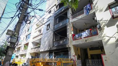 A view outside the PG in Mukherjee Nagar where a fire broke out on Wednesday, in New Delhi. (Sanchit Khanna/HT)