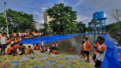 An artificial lake has been built by the Thane Municipal Corporation in Mumbai for Ganesh idol immersion on Thursday. (HT Photo/Praful Gangurde) An artificial lake has been built by the Thane Municipal Corporation in Mumbai for Ganesh idol immersion on Thursday. (HT Photo/Praful Gangurde)