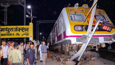 As a result, the train travelled down the track and ultimately climbed onto the platform before coming to a halt. The accident caused damage to the overhead wire, and a woman was left injured. (HT Photo) As a result, the train travelled down the track and ultimately climbed onto the platform before coming to a halt. The accident caused damage to the overhead wire, and a woman was left injured. (HT Photo)