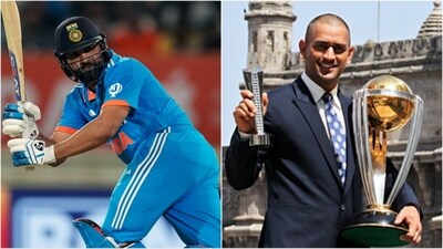 Rohit Sharma plays a shot during 3rd ODI vs Australia; MS Dhoni with the World Cup trophy in 2011 (PTI)