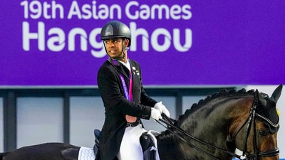 Anush Agarwalla rides his horse Etro as he competes in the Equestrian Dressage Individual Final event (PTI) Anush Agarwalla rides his horse Etro as he competes in the Equestrian Dressage Individual Final event (PTI)