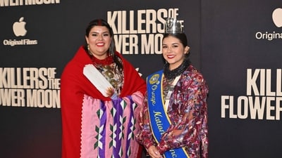 Osage Princesses Gianna ‘Gigi’ Sieke and Lawren ‘Lulu’ Goodfox arrive for the premiere of Killers of the Flower Moon. The film stars Leonardo DiCaprio, Robert De Niro, and Lily Gladstone, with Jesse Plemons, Tantoo Cardinal, John Lithgow, and Brendan Fraser in supporting roles. (AFP) Osage Princesses Gianna ‘Gigi’ Sieke and Lawren ‘Lulu’ Goodfox arrive for the premiere of Killers of the Flower Moon. The film stars Leonardo DiCaprio, Robert De Niro, and Lily Gladstone, with Jesse Plemons, Tantoo Cardinal, John Lithgow, and Brendan Fraser in supporting roles. (AFP)