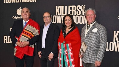 Osage Nation Principal Chief Geoffrey Standing Bear, David Grann, Julie Standing Bear, and Chad Renfro attend the premiere of Apple Original Films' Killers of the Flower Moon in New York. The film centres on a series of Oklahoma murders of members of the Osage Native American tribe in the US during the 1920s, which were committed after oil was discovered on tribal land. (AFP) Osage Nation Principal Chief Geoffrey Standing Bear, David Grann, Julie Standing Bear, and Chad Renfro attend the premiere of Apple Original Films' Killers of the Flower Moon in New York. The film centres on a series of Oklahoma murders of members of the Osage Native American tribe in the US during the 1920s, which were committed after oil was discovered on tribal land. (AFP)