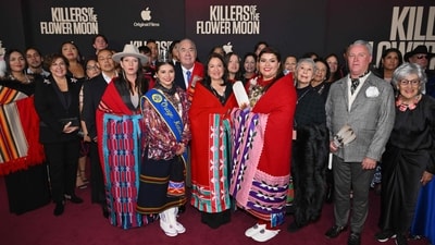 (Front L-R) Julie O'Keefe, Addie Roanhorse, Osage Nation Princess Lawren "Lulu" Goodfox, Osage Nation Principal Chief Geoffrey Standing Bear, Julie Standing Bear, Osage Nation Princess Gianna ‘Gigi’ Sieke, Chad Renfro, and guests attend the premiere of Apple Original Films' Killers of the Flower Moon at Alice Tully Hall at Lincoln Center in New York on September 27. (AFP) (Front L-R) Julie O'Keefe, Addie Roanhorse, Osage Nation Princess Lawren "Lulu" Goodfox, Osage Nation Principal Chief Geoffrey Standing Bear, Julie Standing Bear, Osage Nation Princess Gianna ‘Gigi’ Sieke, Chad Renfro, and guests attend the premiere of Apple Original Films' Killers of the Flower Moon at Alice Tully Hall at Lincoln Center in New York on September 27. (AFP)