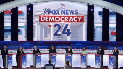 Republican presidential candidates (L-R), former Arkansas Gov. Asa Hutchinson, former New Jersey Gov. Chris Christie, former U.S. Vice President Mike Pence, Florida Gov. Ron DeSantis, Vivek Ramaswamy, former U.N. Ambassador Nikki Haley, U.S. Sen. Tim Scott (R-SC) and North Dakota governor Doug Burgum participate in the first debate of the GOP primary season. (AFP) Republican presidential candidates (L-R), former Arkansas Gov. Asa Hutchinson, former New Jersey Gov. Chris Christie, former U.S. Vice President Mike Pence, Florida Gov. Ron DeSantis, Vivek Ramaswamy, former U.N. Ambassador Nikki Haley, U.S. Sen. Tim Scott (R-SC) and North Dakota governor Doug Burgum participate in the first debate of the GOP primary season. (AFP)