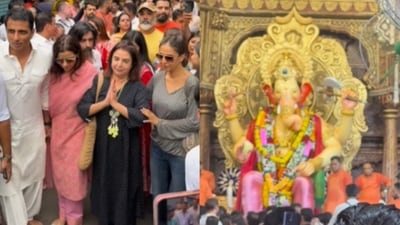 Farah Khan with Sonu Sood at Lalbaugcha Raja in Mumbai. Farah Khan with Sonu Sood at Lalbaugcha Raja in Mumbai.