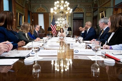 US Vice President Kamala Harris speaks during a meeting with State Attorneys General in the Eisenhower Executive Office building, next to the White House, in Washington, DC, on July 18, 2023. The meeting is being held to discuss possible actions to address the fentanyl public health crisis. (Photo by SAUL LOEB / AFP) (AFP) US Vice President Kamala Harris speaks during a meeting with State Attorneys General in the Eisenhower Executive Office building, next to the White House, in Washington, DC, on July 18, 2023. The meeting is being held to discuss possible actions to address the fentanyl public health crisis. (Photo by SAUL LOEB / AFP) (AFP)