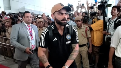 India's Virat Kohli arrives at Lokpriya Gopinath Bordoloi International Airport ahead of the ICC Men’s Cricket World Cup Warm-up match against England (Anuwar Hazarika) India's Virat Kohli arrives at Lokpriya Gopinath Bordoloi International Airport ahead of the ICC Men’s Cricket World Cup Warm-up match against England (Anuwar Hazarika)