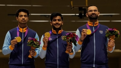 India's shooters added two gold medals to the country';s tally on Day 6 of the Asian Games. Swapnil Suresh Kusale, Aishwary Pratap Singh Tomar and Akhil Sheoran won gold in the men's 50m Rifle 3 Positions (AP)