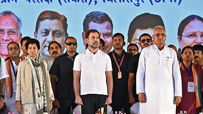 Chhattisgarh Chief Minister Bhupesh Baghel with Congress leader Rahul Gandhi and others during Awas Nyay Sammelan programme in Bilaspur on Monday. (INC Chhattisgarh Twitter) Chhattisgarh Chief Minister Bhupesh Baghel with Congress leader Rahul Gandhi and others during Awas Nyay Sammelan programme in Bilaspur on Monday. (INC Chhattisgarh Twitter)