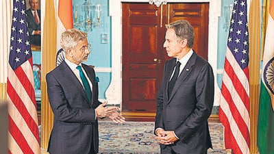 External affairs minister S Jaishankar with US secretary of state Antony Blinken at the State Department in Washington DC. (PTI)