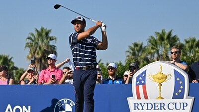 US golfer, Xander Schauffele watches his shot from the 10th tee during his foursomes match on the first day of play in the 44th Ryder Cup at the Marco Simone Golf and Country Club in Rome on September 29, 2023. (Photo by Alberto PIZZOLI / AFP) (AFP) US golfer, Xander Schauffele watches his shot from the 10th tee during his foursomes match on the first day of play in the 44th Ryder Cup at the Marco Simone Golf and Country Club in Rome on September 29, 2023. (Photo by Alberto PIZZOLI / AFP) (AFP)