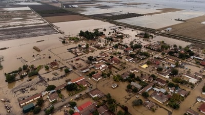 This aerial photograph taken on September 29 shows the flooded village Sotirio after Storm Elias hit the region central Greece. (AFP) This aerial photograph taken on September 29 shows the flooded village Sotirio after Storm Elias hit the region central Greece. (AFP)