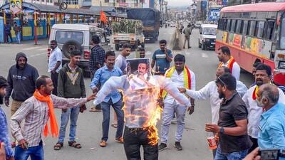 Kannada activists burn an effigy of Tamil Nadu chief minister M K Stalin, in Karnataka’s Chikmagalur, on Friday. (PTI) Kannada activists burn an effigy of Tamil Nadu chief minister M K Stalin, in Karnataka’s Chikmagalur, on Friday. (PTI)