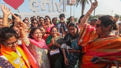 Lucknow: Women celebrate after the introduction of the Women's Reservation Bill, in Lucknow on Tuesday. (PTI) Lucknow: Women celebrate after the introduction of the Women's Reservation Bill, in Lucknow on Tuesday. (PTI)