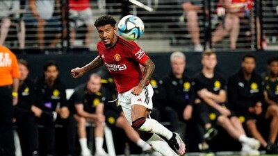 Manchester United forward Jadon Sancho (25) kicks the ball during the first half against Borussia Dortmund at Allegiant Stadium (USA TODAY Sports via Reuters Con)