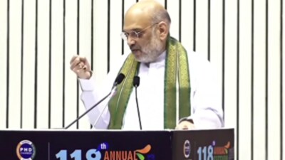 Union home minister Amit Shah speaking at the 118 Annual Session of the PHD Chamber of Commerce and Industry (Twitter/@AmitShah) Union home minister Amit Shah speaking at the 118 Annual Session of the PHD Chamber of Commerce and Industry (Twitter/@AmitShah)