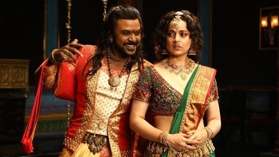 Raghava Lawrence and Kangana Ranaut in a still from Chandramukhi 2. Raghava Lawrence and Kangana Ranaut in a still from Chandramukhi 2.