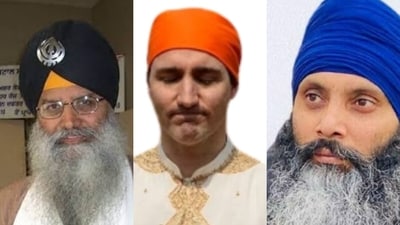 (From left) Ripudaman Malik, Justin Trudeau and Hardeep Singh Nijjar.