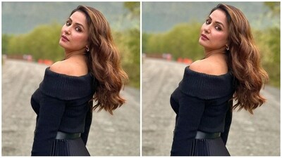 She styled her lush locks into soft curls and left them open at the side partition, cascading beautifully down her shoulders. (Instagram/@realhinakhan) She styled her lush locks into soft curls and left them open at the side partition, cascading beautifully down her shoulders. (Instagram/@realhinakhan)
