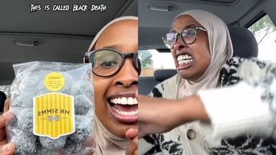 Woman's reaction after trying the 'black death' candy. (Instagram/@underratedhijabi) Woman's reaction after trying the 'black death' candy. (Instagram/@underratedhijabi)