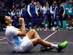 India's Abhay Singh celebrates after winning the Men's Team Gold Medal match vs Pakistan