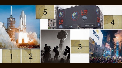 (Clockwise from top) A climate clock in London in June; the annual ball drop at Times Square, New York, on January 1, 2022; an atom-bomb test in Nevada, in 1957; space shuttle Columbia takes off in 1981. (Getty Images, Wikimedia Commons)