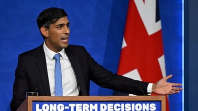 Britain's Prime Minister Rishi Sunak delivers a speech during a press conference. (Reuters)