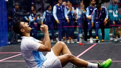 India's Abhay Singh celebrates after winning the Men's Team Gold Medal match vs Pakistan (REUTERS)